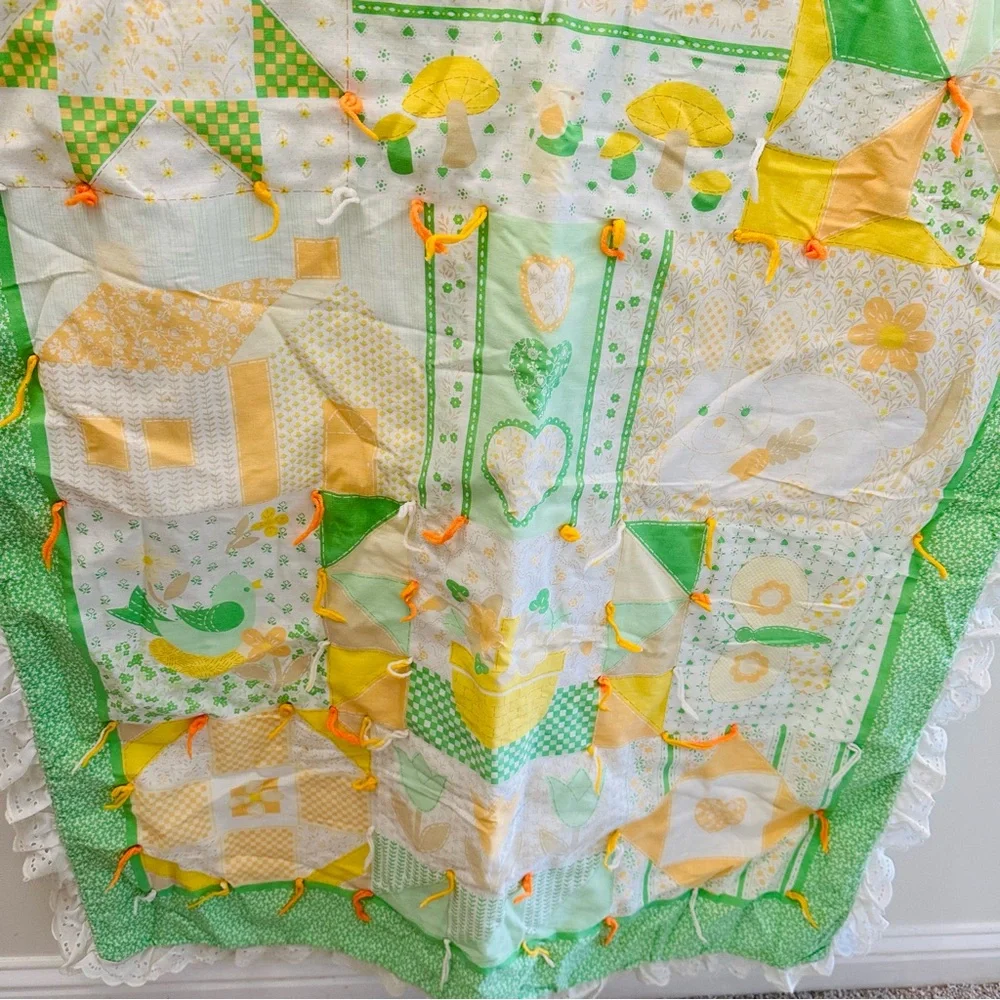 Vintage 1970's mushroom floral butterfly baby pastel blanket